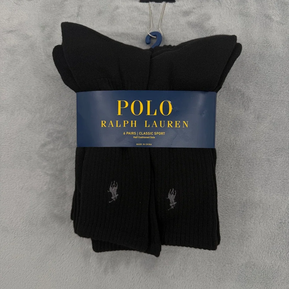 Polo Ralph‎ Lauren Classic Cushioned Crew Socks 6 Pack Mens Size 6-12 Black NEW